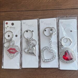 NWT FOUR Silver and Red Heart Keychain Set